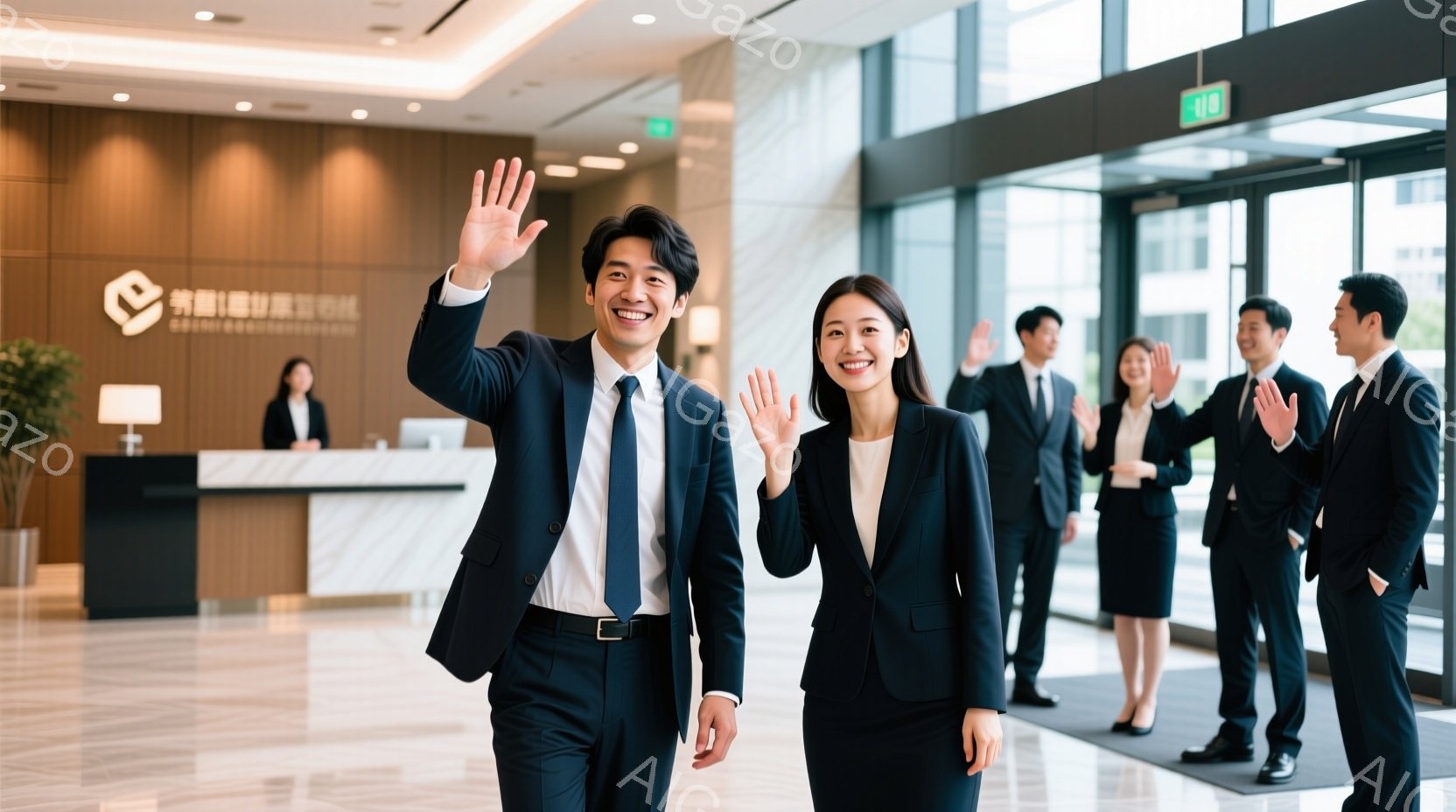 紺色のスーツにネクタイ姿の男性と女性が、カメラに向かって笑顔で手を振っています。彼らの背後には、同様の服装をした他の人々がおり、オフィスビルのロビーのような場所で、明るく現代的な雰囲気です。背景には受付カウンターやガラス張りの壁があり、洗練された空間を表現しています。