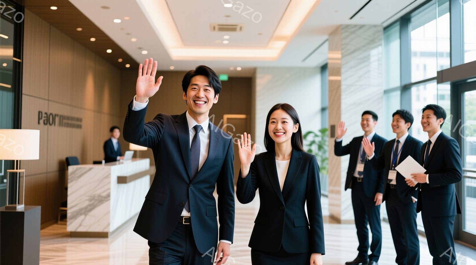 紺色のスーツを着たビジネスパーソンのグループが、明るい室内で手を振って歩いています。先頭の男性と女性は笑顔でカメラの方を向き、背景には受付カウンターと他のビジネスパーソンが立っています。室内はモダンなデザインで、大きな窓からは自然光が差し込み、活気のある雰囲気です。