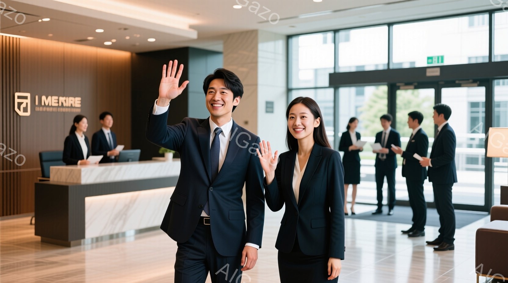 ビジネススーツを着た若い男女が、明るい笑顔でカメラに向かって手を振っています。背景には受付カウンターと、黒いスーツを着た他の人々が見え、近代的なオフィスビルのロビーのようです。全体的に、歓迎的でプロフェッショナルな雰囲気が漂っています。