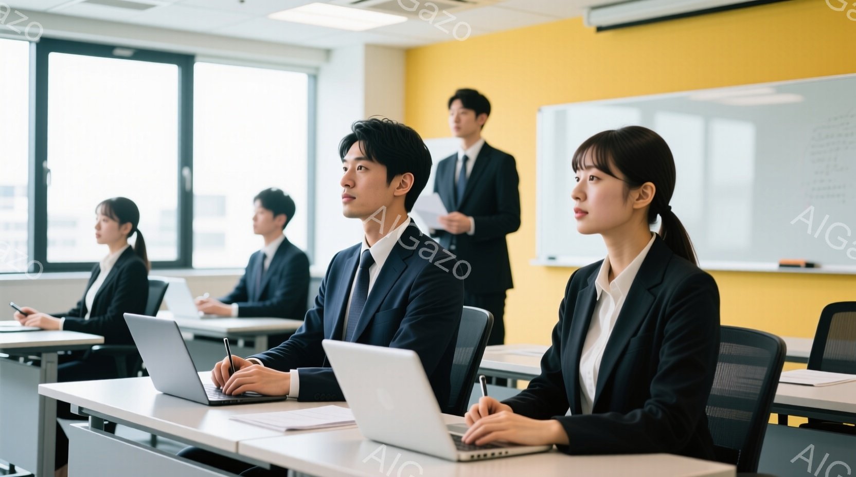 オフィス内で開かれる研修セミナーを描いたものです。中央の男性が振り返り、女性教師が前向きに筆記しています。他の参加者はフォント席に座っており、リスニングやノーティングに集中しています。背景は明るく、研修室として適切な環境です。セミナーの雰囲気は学ぶことに集中し、敬意を持ったものです。