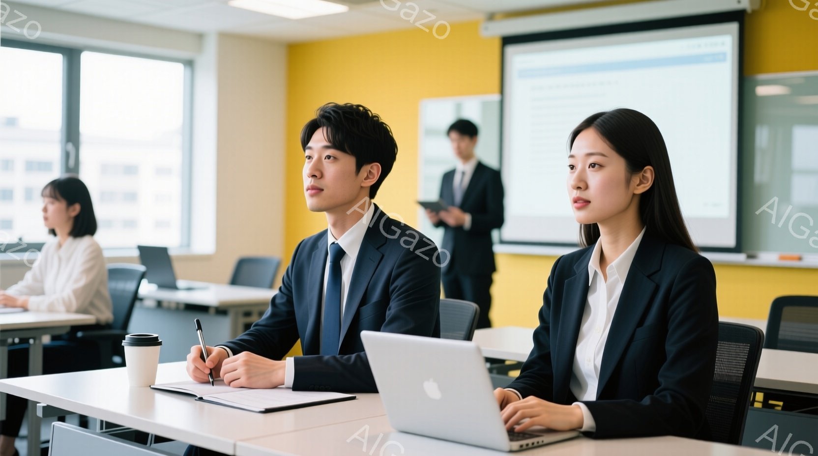 紺色のスーツを着たビジネスマンと女性が、明るい色の教室に座ってパソコンや筆記用具を使用しています。男性はメモを取り、女性はパソコンに向かって何かを入力しているようです。教室の奥には、別のビジネスマンが立っており、全員が真剣な表情で何かに集中している様子が伺えます。