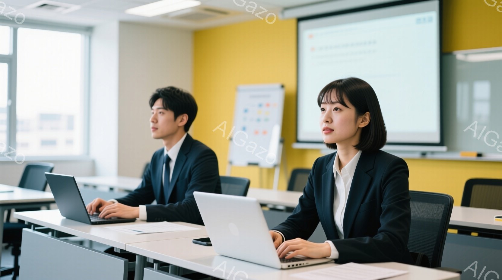 ビジネススーツを着た若い男女が教室のような場所でノートパソコンを使用している様子が写っています。女性は黒髪のボブスタイルで、真剣な表情でタイピングしており、男性も同様に集中してパソコンに向かっています。背景には白いボードと、グラフが表示されたプロジェクター画面が見え、室内は明るく清潔な印象です。