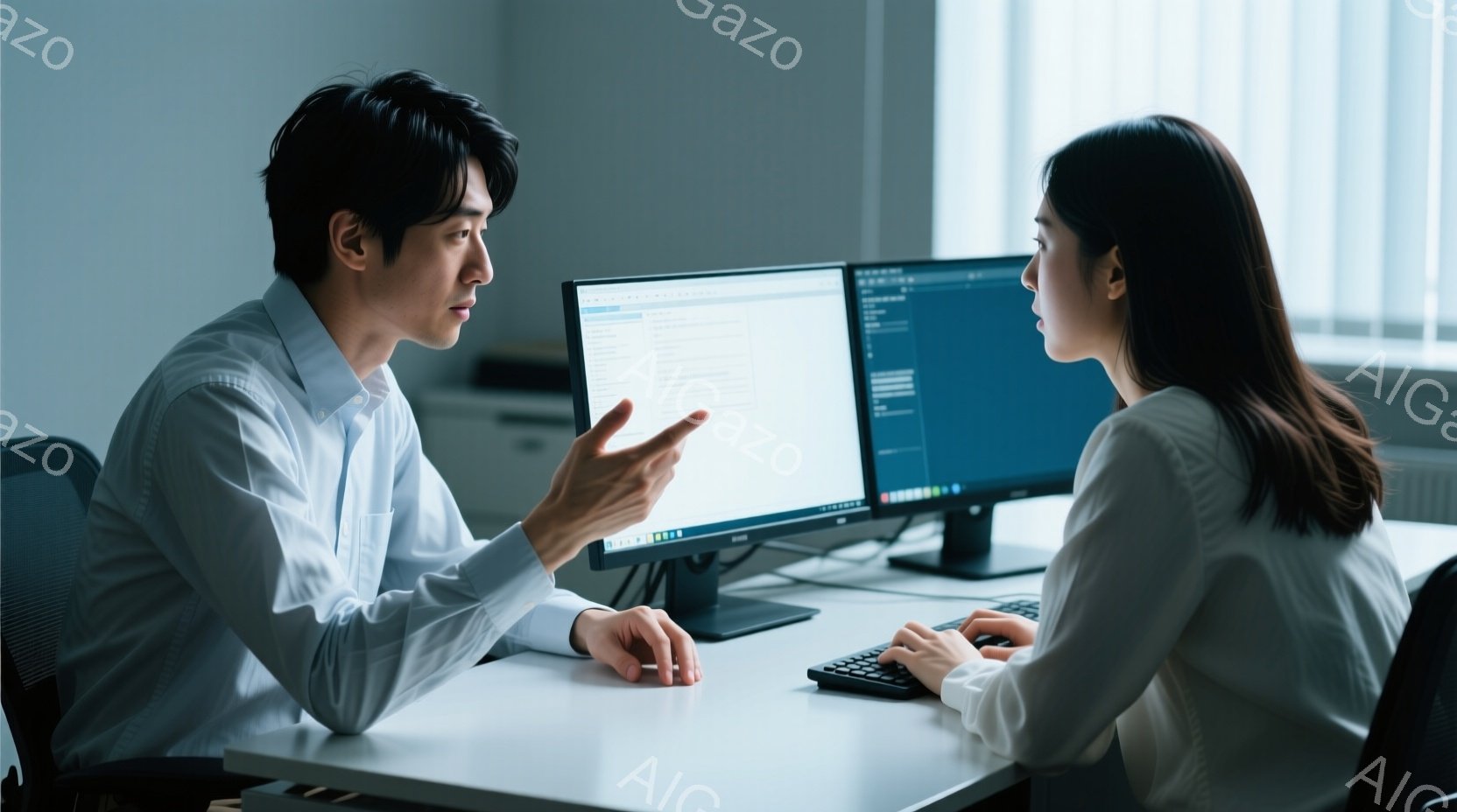 白いシャツを着た男性が、パソコンの画面を指しながら何かを説明している様子が写っている。対面で座る女性は黒髪で、パソコンに向かってキーボードを操作しており、真剣な表情で話を聞いている。背景はオフィスで、 - AI生成フリー素材