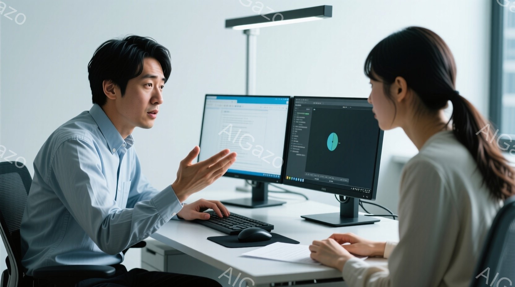 画面には若い男性と女性が写っており、オフィスのような場所でコンピューターに向かい合って座っています。男性は青いシャツを着ており、少し眉間にしわを寄せながら何かを説明しているようです。女性はベージュ色の - AI生成フリー素材