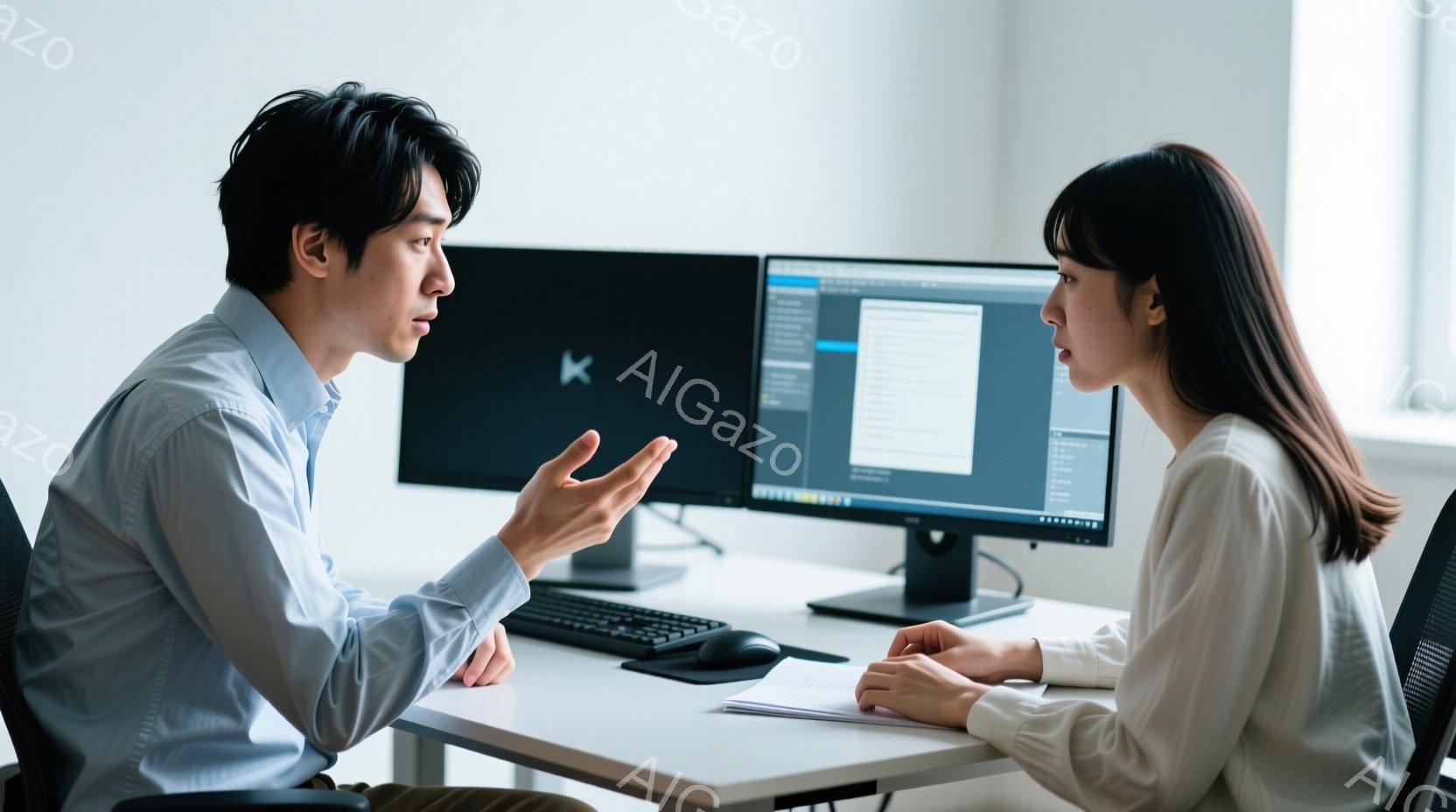 画面には、コンピューターの前に座っている男女が写っています。男性は白いシャツを着ており、何かを説明しているように片手を上げています。女性は白いブラウスを着ており、コンピューター画面を真剣に見つめていま - AI生成フリー素材