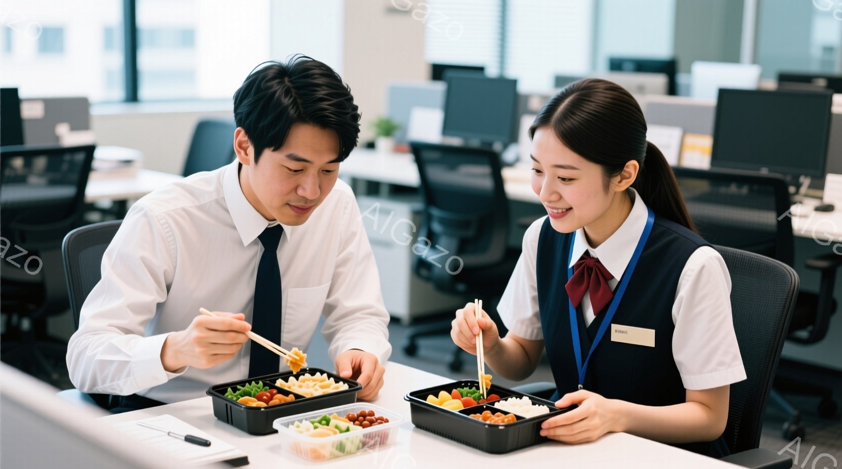 二人の会社員が、それぞれのお弁当を食べている場面です。男性は白いシャツにネクタイ、女性は白いブラウスにベストとリボンタイ姿で、明るい笑顔を浮かべています。背景はオフィスで、たくさんの机と椅子が見え、清潔で明るい雰囲気です。