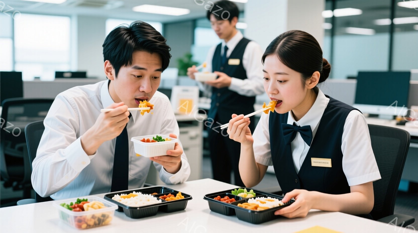 白いシャツにネクタイを締めた男性と、黒いベストと白いブラウスを着た女性が、オフィスで食事をしている様子が写っている。二人は皆、白い弁当箱に入った食事を箸で食べており、顔には食を楽しむ表情が見られる。背景には、他のオフィスワーカーやオフィス家具が見え、明るく清潔感のあるオフィス空間が広がっている。