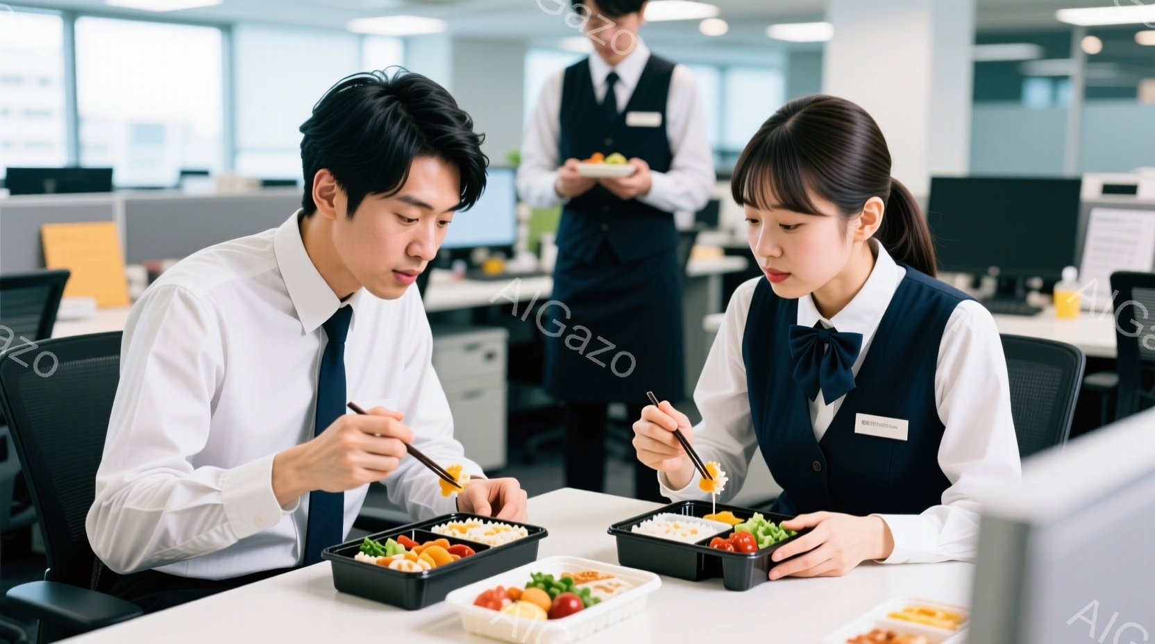 オフィスで昼食をとる若いビジネスパーソンが二人写っている。男性は白いシャツにネクタイ、女性は紺色のベストと白いブラウス姿で、どちらも弁当箱から食事をしている。背景には、他の従業員が立ち、オフィスは明るく清潔な印象を受ける。