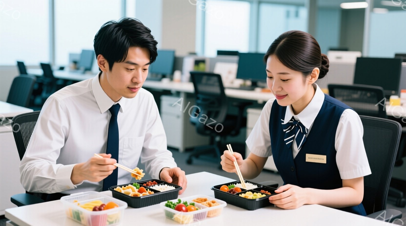 オフィスで昼食をとる男女が写っています。男性は白シャツにネクタイ、女性は紺色のベストに白シャツという服装で、それぞれ弁当箱から箸で食事をしています。オフィスは白を基調とした清潔感のある空間で、背景には他の従業員の机が並んでいます。