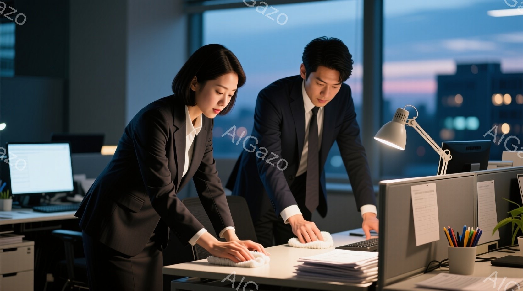 スーツ姿の男女がオフィスで机を拭いています。女性は黒いスーツにストレートヘアで、真剣な表情で拭き作業に集中しています。背景には夜景が広がり、オフィスは夜遅くまで働く人々の姿を暗示しています。