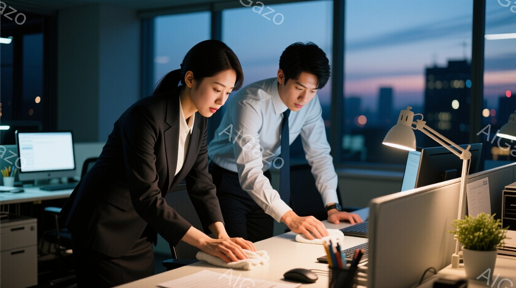 オフィスで働く女性と男性が映っている。女性は黒いスーツを着ており、髪は後ろでまとめてきっちりとしている。男性は白いシャツにネクタイ、黒いズボンを着用し、デスクのパソコンを拭いているところ、女性はデスク - AI生成フリー素材