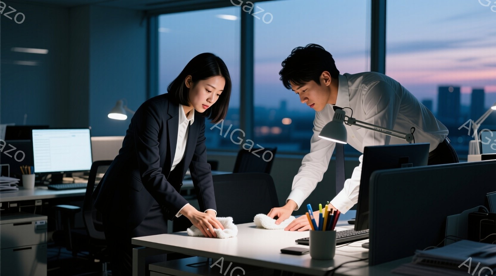 室内はオフィスで、若い男女がデスクを拭いています。女性は黒いスーツを着ており、髪は肩まで伸びています。男性は白シャツに黒いズボンを着用し、少し身を乗り出して拭き作業を手伝っています。背景には高層ビル群が広がり、夕暮れ時の空が窓の外に見えます。