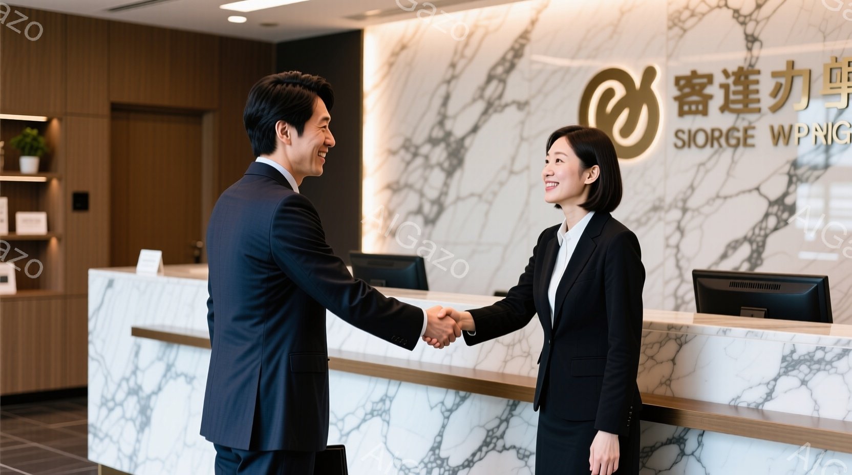 ビジネススーツを着た男性と女性が、受付カウンターの前で握手しています。二人は笑顔で、明るく友好的な雰囲気が伝わってきます。背景には大理石調の壁と受付カウンター、そして奥に小さな棚が見え、清潔感のあるオ - AI生成フリー素材