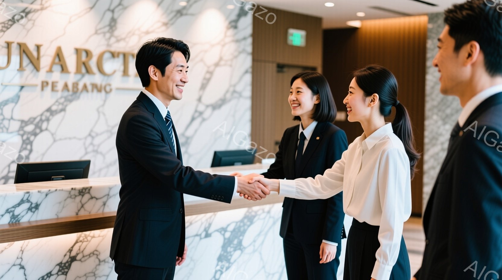 スーツを着た男性と女性が握手をしています。背景には大理石調の受付カウンターがあり、女性スタッフが二人立っています。全体的に明るく、ビジネスシーンの洗練された雰囲気です。