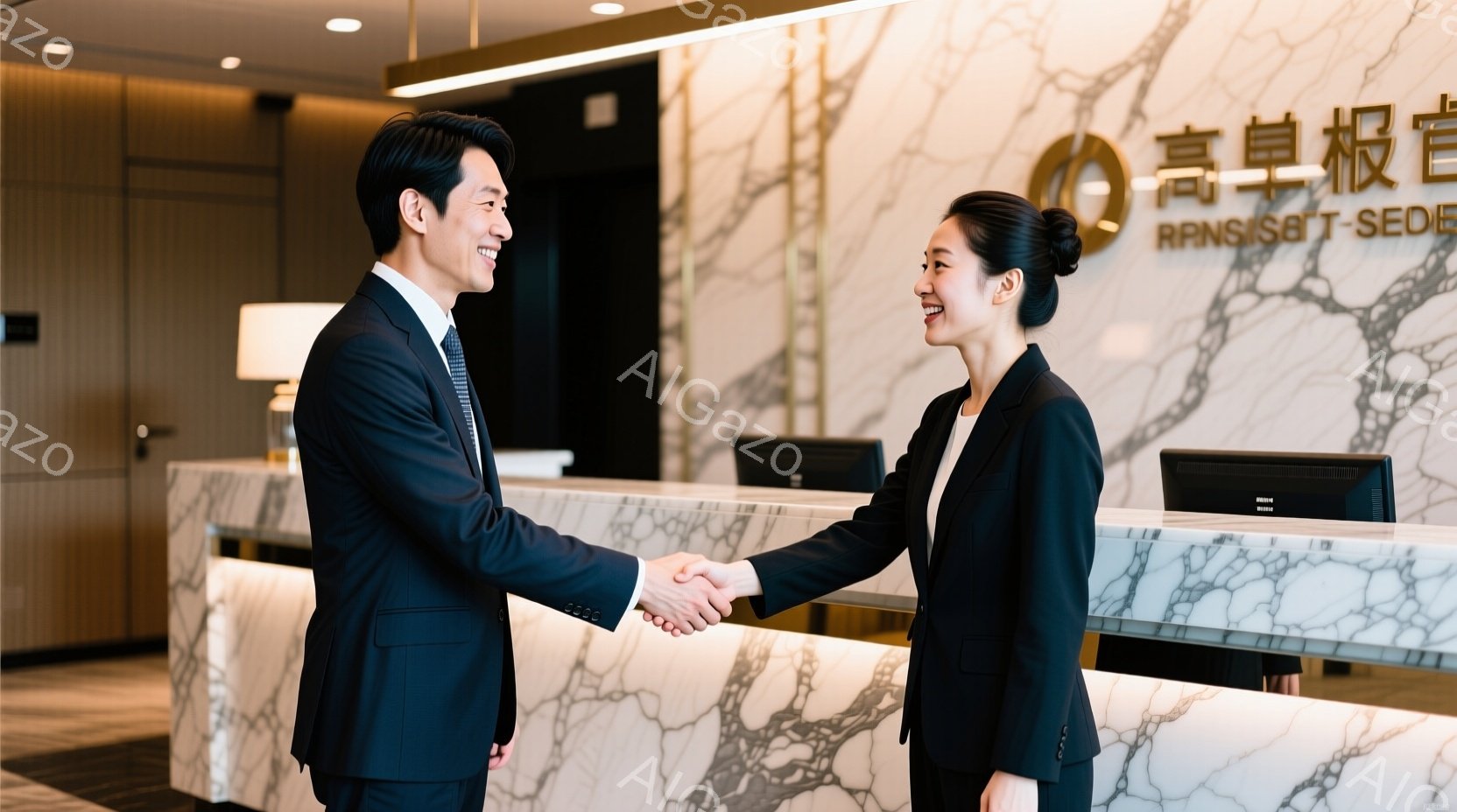 ビジネススーツを着た男性と女性が、受付カウンターの前で握手をしています。男性は濃い青色のスーツにネクタイ、女性は黒いスーツジャケットを着ており、共に笑顔で正面を向いています。背景には大理石調のカウンターと、ぼかしの入った明るい室内空間が広がっており、友好的でプロフェッショナルな雰囲気が漂っています。