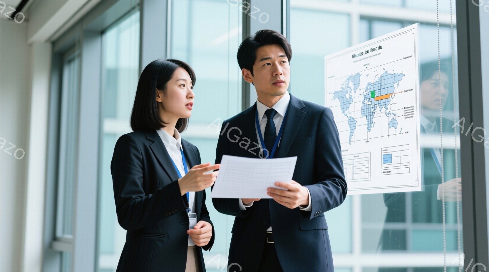 ビジネススーツを着た若い女性と男性が立っています。女性は黒いスーツに白いシャツ、髪は肩にかかるくらいの長さでストレート、何かを指し示して話しています。男性は紺色のスーツに白いシャツ、髪は短く整えられ、書類を手にしながら女性の話を聞いているようです。