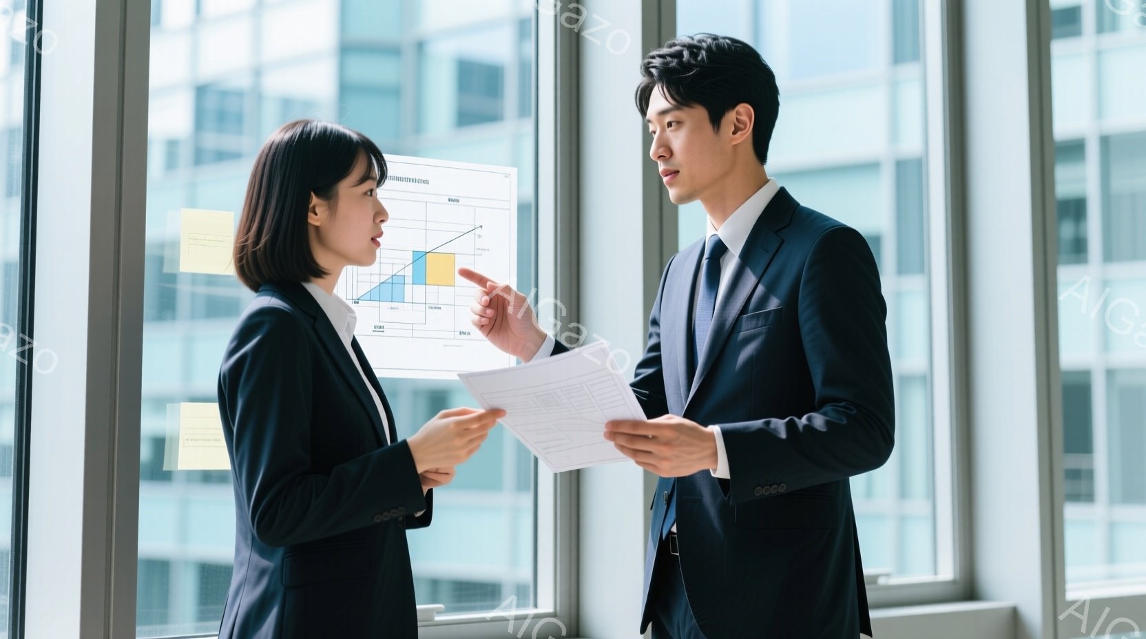 スーツを着た若い女性と男性が、大きな窓の前で書類を見ながら話している。女性は黒髪で、真剣な表情で何かを説明しているように見える。背景には高層ビル群が広がり、晴天で明るい雰囲気が漂っている。 - AI生成フリー素材