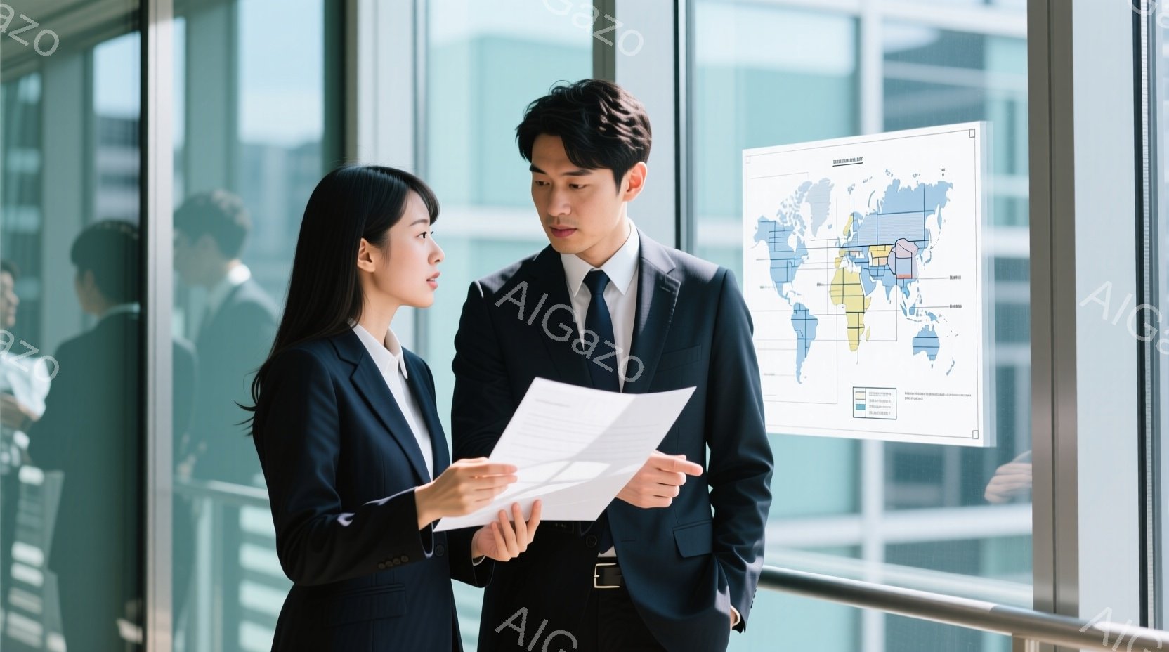 ビジネススーツを着た若い女性と男性が、ガラス張りの壁の前で書類を見ながら話し合っています。女性は黒髪で、書類を指差して何かを説明しているようです。男性はダークブラウンの髪で、真剣な表情で女性の言葉に耳 - AI生成フリー素材