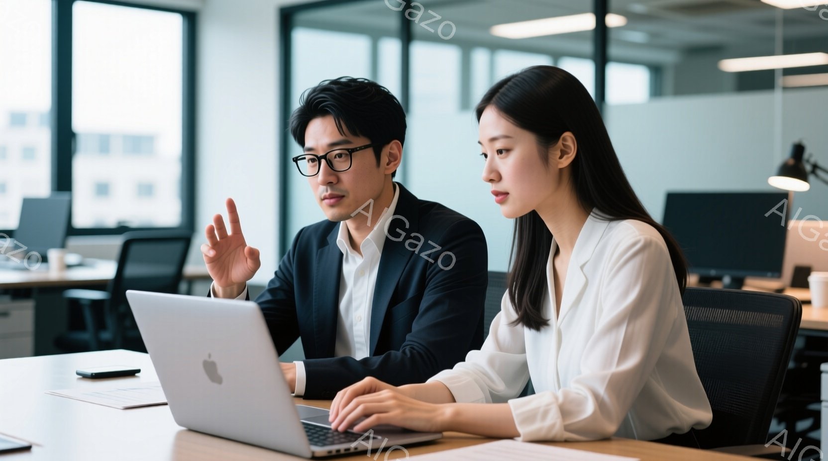 スーツ姿の男性と白いブラウスの女性が、明るいオフィスでノートパソコンに向かい合って座っている。男性は片手を挙げて何かを説明しているように見え、女性はキーボードを見ながら真剣な表情で聞いている。背景には - AI生成フリー素材