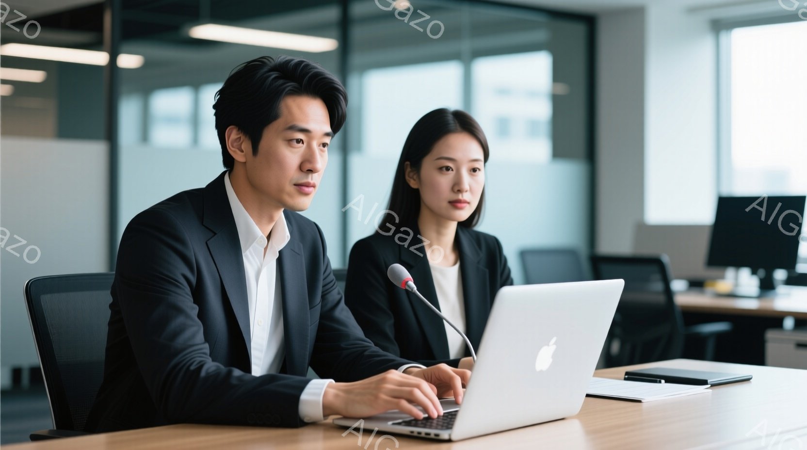 紺色のスーツに白いシャツを着用した男性が、MacBookを操作している。彼の隣には、同様の服装で、やや緊張した表情の女性が立っている。背景にはオフィス空間が広がり、他の従業員やデスクが見え、全体的にプロフェッショナルで落ち着いた雰囲気が漂っている。