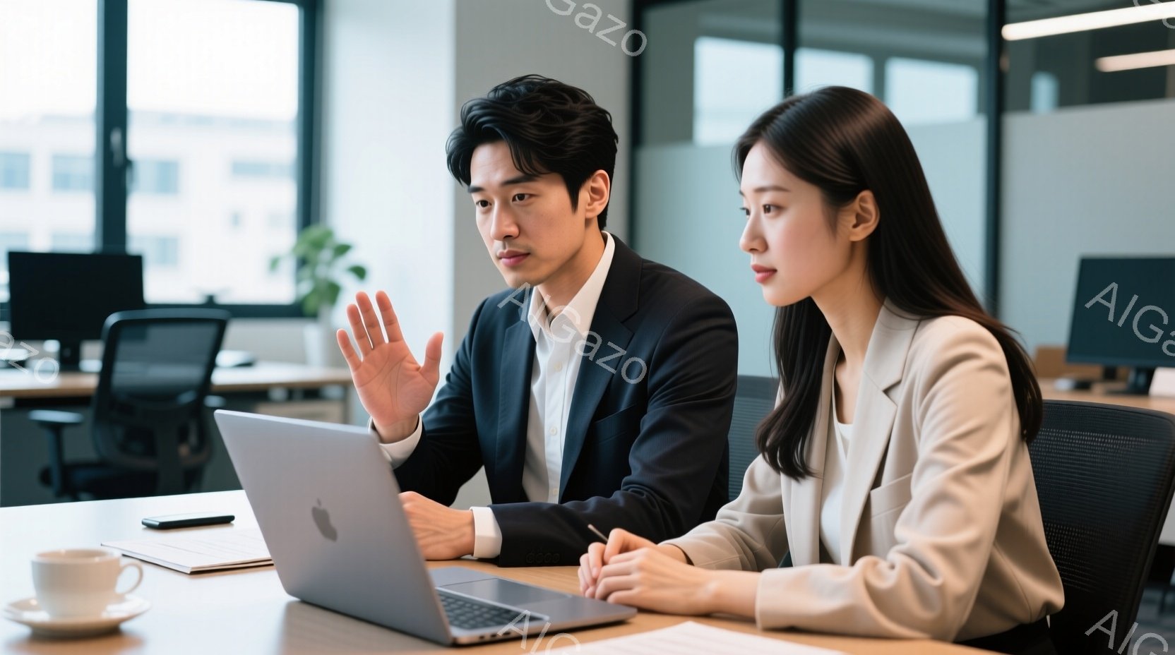 スーツを着た男性と女性が、明るいオフィスでノートパソコンに向かい合っています。男性は手を挙げて何かを説明している様子で、真剣な表情をしています。女性は手を組んで、男性の話を注意深く聞いているように見えます。