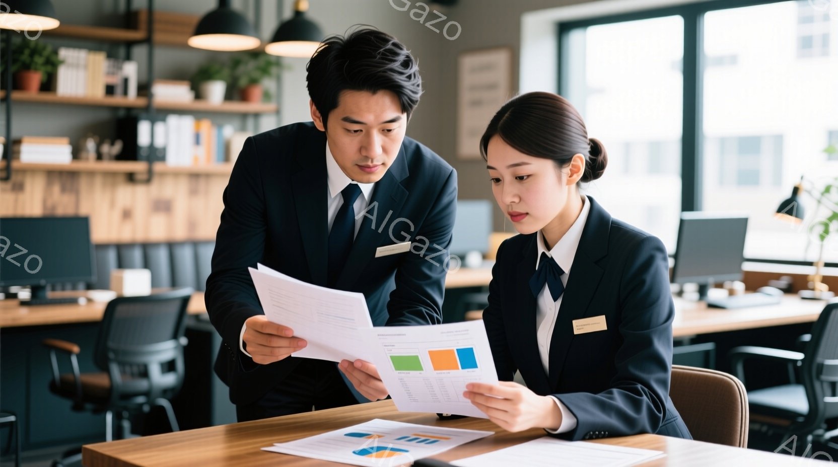 スーツを着た若い男女が書類を見ながら話しています。男性は黒髪で、女性はきっちりとお団子ヘアにしています。オフィス内の明るい背景には、パソコンや本棚が見え、全体的に真剣でありながらも協力的な雰囲気が漂っ - AI生成フリー素材