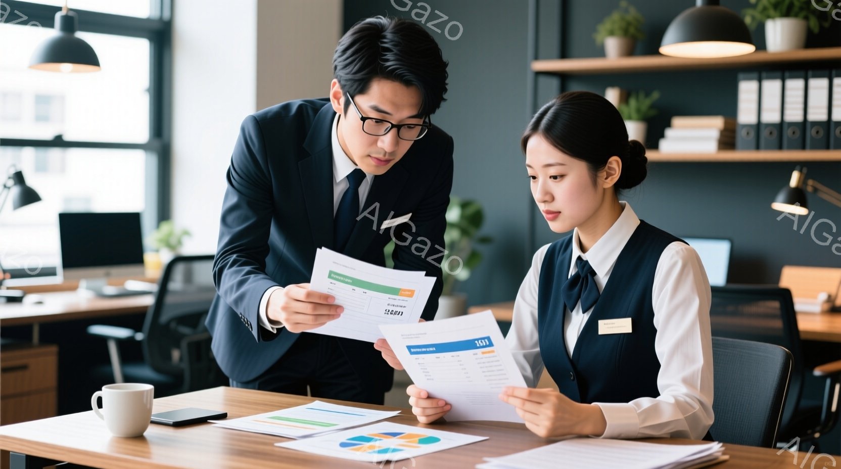 オフィスで、若い男性と女性が書類を手にしながら会話しています。男性は黒いスーツを着ており、女性は青いベストに白いシャツ姿で、それぞれ名札をつけています。背景にはオフィス家具や観葉植物が見え、明るく清潔 - AI生成フリー素材