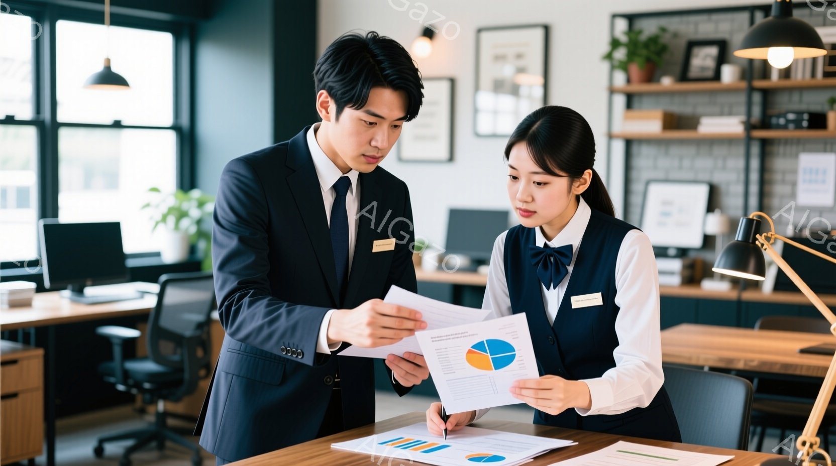 紺色のスーツを着た男性と、紺色のブラウスとスカートの女性が、オフィスで書類を見ながら話し合っている。男性は書類を指差して何かを説明し、女性はペンを持ち、真剣な表情でそれを聞いている。背景には木製の机やオフィス家具、そして植物が見え、明るく清潔感のあるオフィス空間が演出されている。
