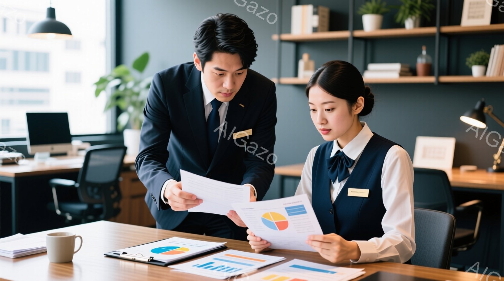 オフィスで書類を検討するビジネスマンと女性が写っています。ビジネスマンは黒いスーツにネクタイを締め、女性は白いブラウスにベスト、スカート姿で、それぞれ名札をつけています。二人はグラフが印刷された書類を見つめ、真剣な表情で情報を共有しているようです。