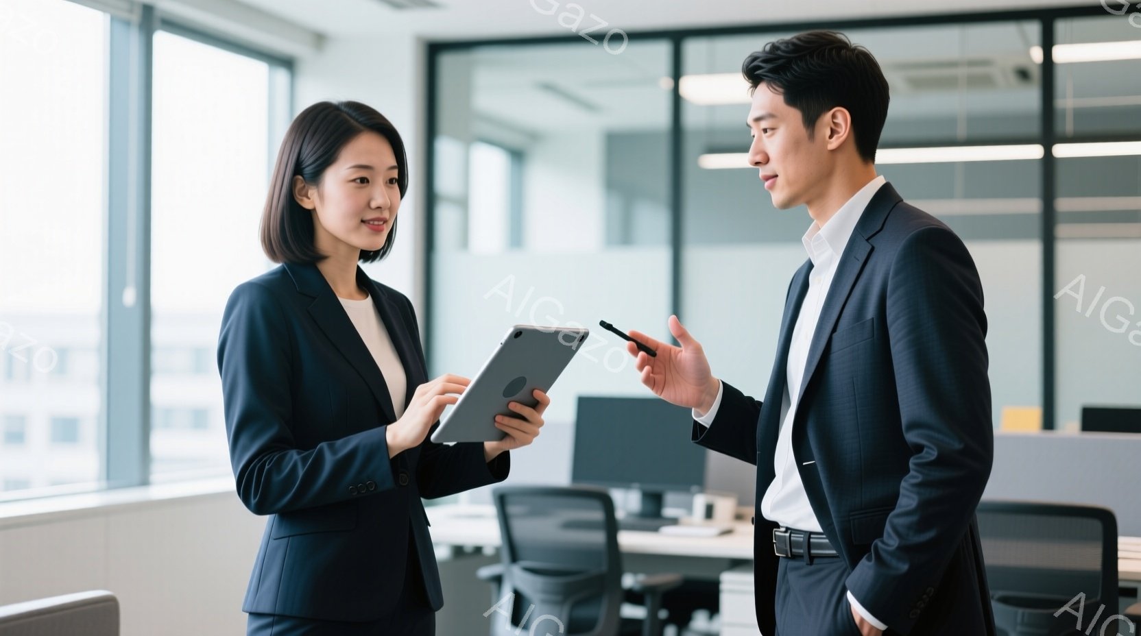 ビジネスウーマンがタブレットを手に持ち、男性とオフィスで会話しています。女性はダークブルーのスーツを着ており、髪は後ろでまとめている。男性は白シャツにダークブルーのジャケットを羽織り、片手にペンを持ち - AI生成フリー素材