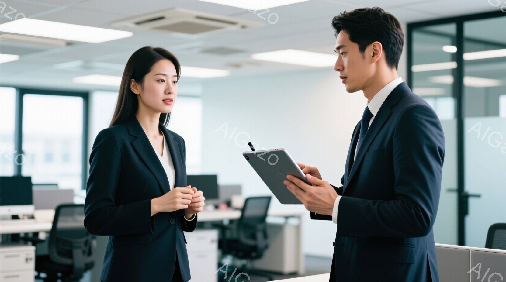 スーツを着た若い女性と男性がオフィスで会話しています。女性は黒いスーツで、髪は後ろにまとめられ、真剣な表情で手を組んでいます。男性はタブレットを持っており、女性を見ながら何か説明しているようです。