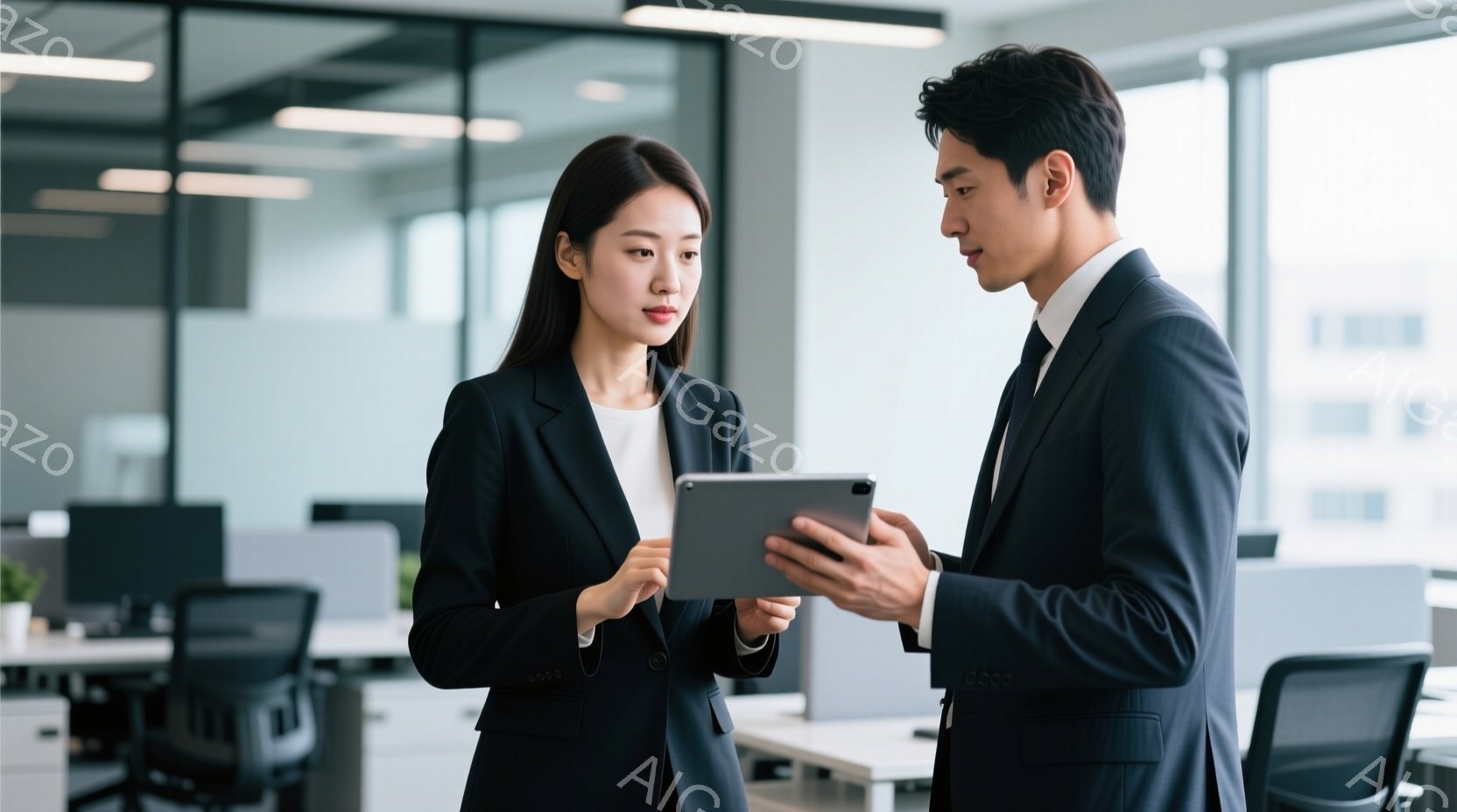 ビジネスシーンを切り取った写真で、一人の女性と一人の男性がタブレットを見ながら会話しています。女性は黒いスーツにストレートヘアで、真剣な表情をしています。男性も黒いスーツを着ており、タブレットを指しな - AI生成フリー素材