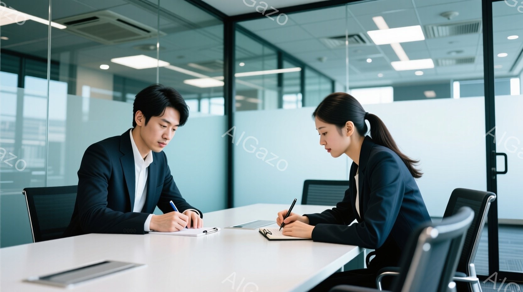 紺色のスーツを着た若い男女が、白い会議テーブルを挟んで向き合って座り、ノートに何か書き込んでいる。男性は黒髪で、少し前かがみの姿勢でペンを握り、女性は髪を後ろで束ねており、真剣な表情でペンを走らせている。背景はガラス張りの壁で、オフィスらしき空間が広がっており、全体的に落ち着いた雰囲気である。