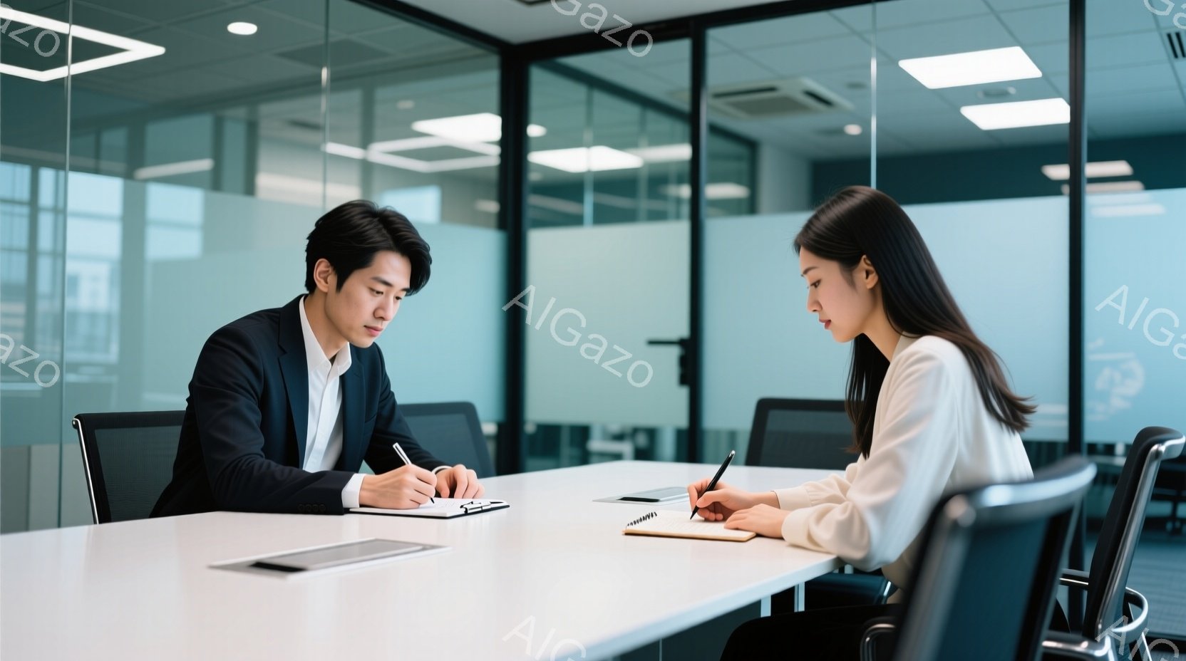 スーツ姿の男性と白いブラウスの女性が、オフィス内の会議室で向かい合って座り、メモを取っています。二人は真剣な表情で、何らかの議論や打ち合わせをしている様子が伺えます。背景はガラス張りの壁で、モダンで洗 - AI生成フリー素材