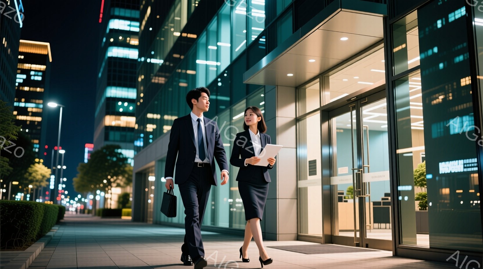ビジネススーツを着た男女が、夜の街で建物の前を歩いている。男性は黒のスーツにネクタイを締め、手にブリーフケースを持っている。女性は濃い青色のスーツにハイヒールを履き、手に書類またはタブレットを持っている様子で、二人とも前方を向いて歩いている。