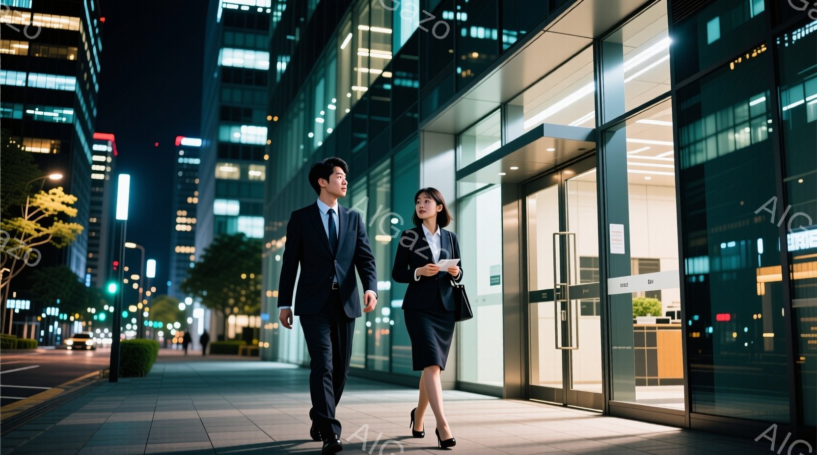 夜景を背景に、ビジネススーツを着た男女が歩いている。男性は黒いスーツにネクタイ、女性は黒いスーツにスカート、黒いパンプスを履き、それぞれ自信に満ちた表情で前を見ている。高層ビル群が立ち並び、夜の街の活 - AI生成フリー素材