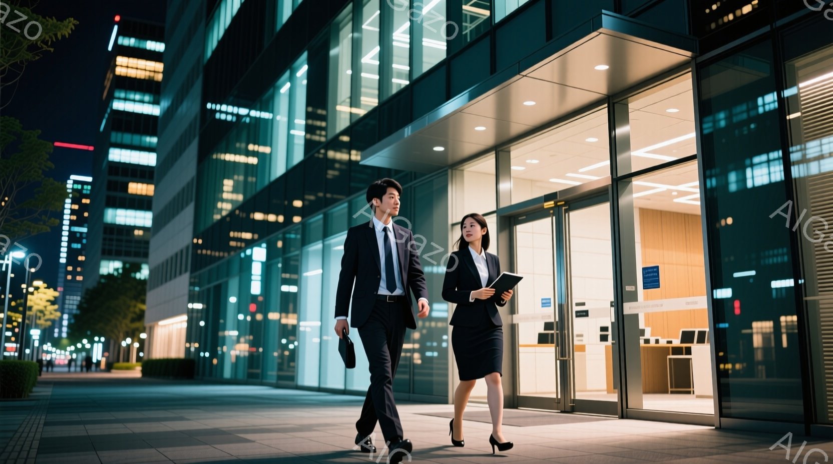 夜景を背景に、ビジネススーツを着た男女が歩いている。男性は黒いスーツにネクタイ、女性は黒いスーツにスカート、そしてヒールを履いている。背景には近代的な高層ビルが立ち並び、夜の街の活気を感じさせる、洗練された雰囲気の画像である。