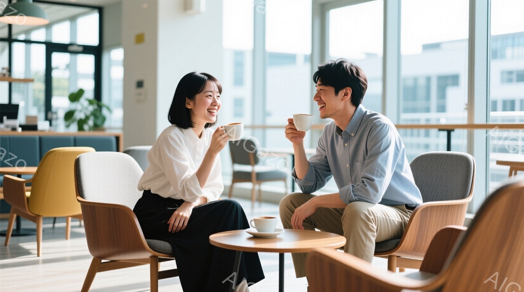 明るいカフェで、若い男女が向かい合って座り、コーヒーを手に楽しそうに微笑んでいます。女性は白いブラウスと黒いパンツ、男性は水色のシャツとベージュのパンツを着用しており、カジュアルながらも清潔感のある服 - AI生成フリー素材