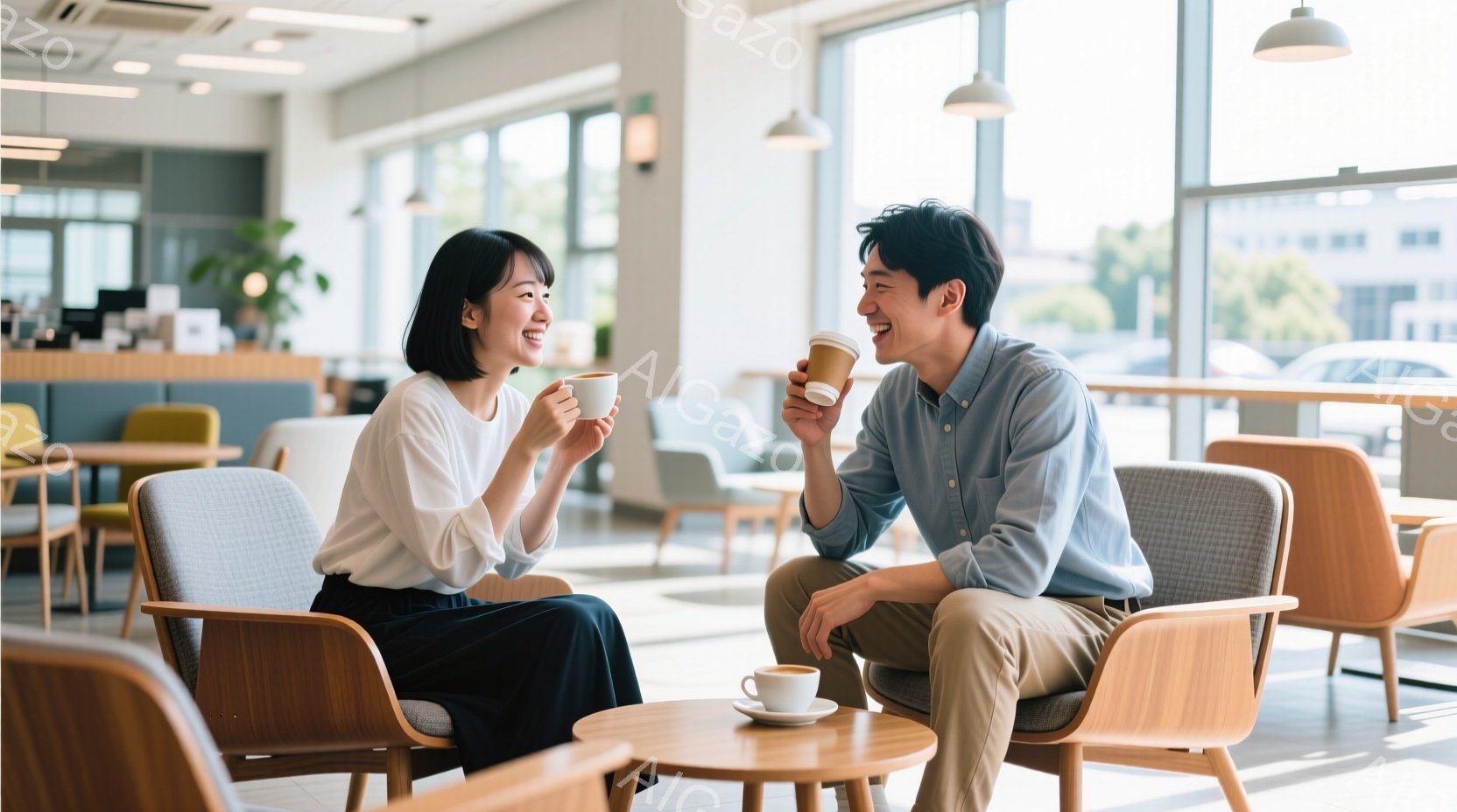 カフェのような場所で向かい合って座っている若い男女が写っています。女性は白いブラウスと濃い紺色のズボンを着用し、髪は肩にかかる長さで、笑顔でコーヒーカップを持っています。男性は水色のシャツとベージュ色 - AI生成フリー素材