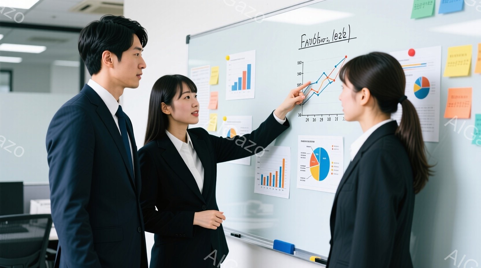 三人のビジネスマンまたはビジネスウーマンがホワイトボードの前で立っている。女性は黒いスーツを着て髪を後ろにまとめている。彼女はホワイトボード上のグラフを指し示し、熱心に説明しているように見える。