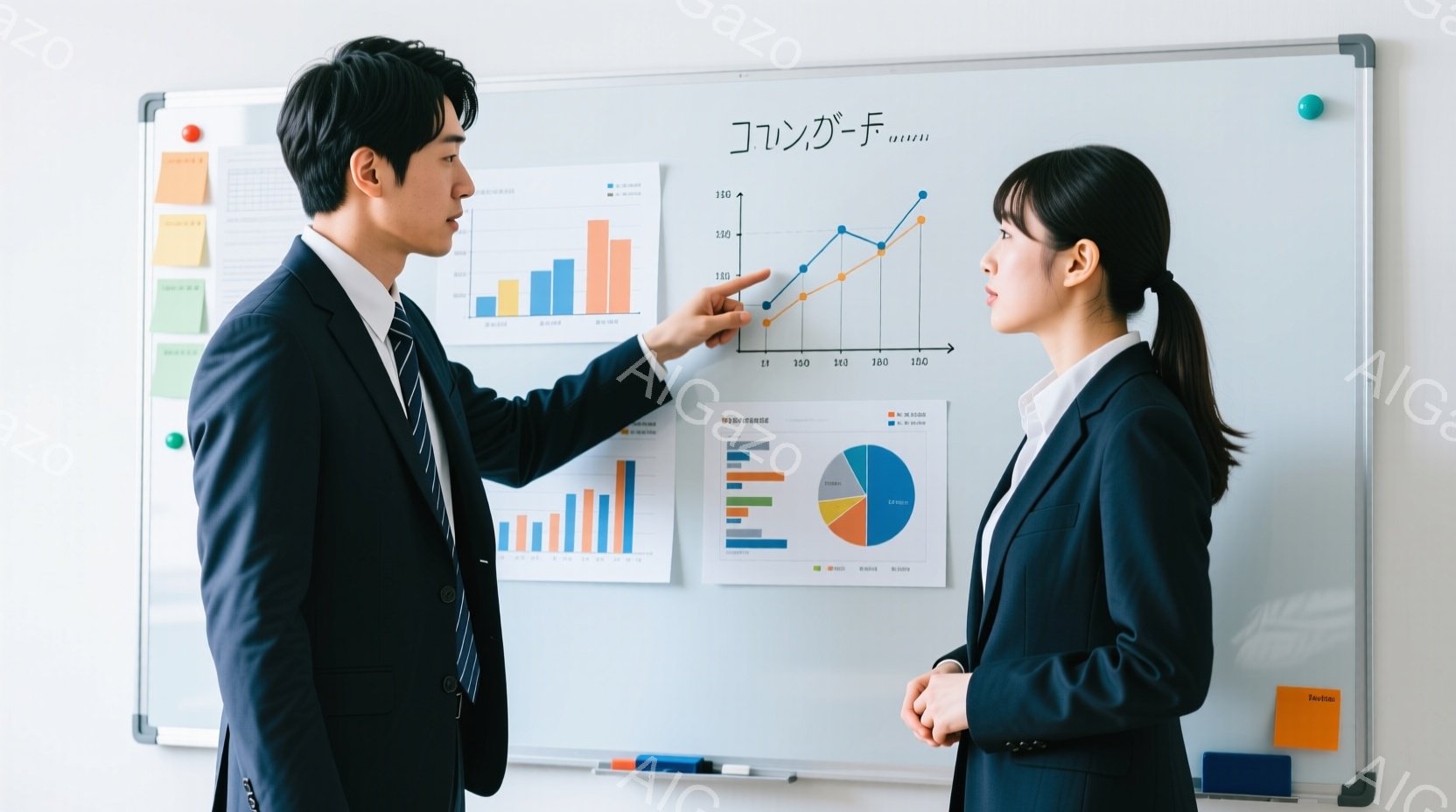 ビジネスマンとビジネスウーマンがホワイトボードの前で立っている。男性はスーツとネクタイを着用し、指でグラフを指して何かを説明している様子で、真剣な表情をしている。女性は紺色のスーツを着ており、腕を組んで男性の説明を聞いている。