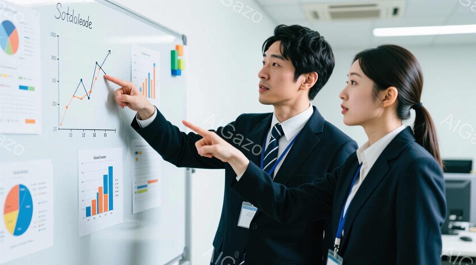 2人のビジネスパーソンが会議室でホワイトボードを見ている。男性は黒いスーツにネクタイ、女性は紺色のスーツを着ており、共に身につけているIDカードが目に入る。男性は指を伸ばしてグラフを指し示し、女性はやや後ろに立ちながらも熱心に話を聞いている様子で、全体的に真剣でプロフェッショナルな雰囲気である。