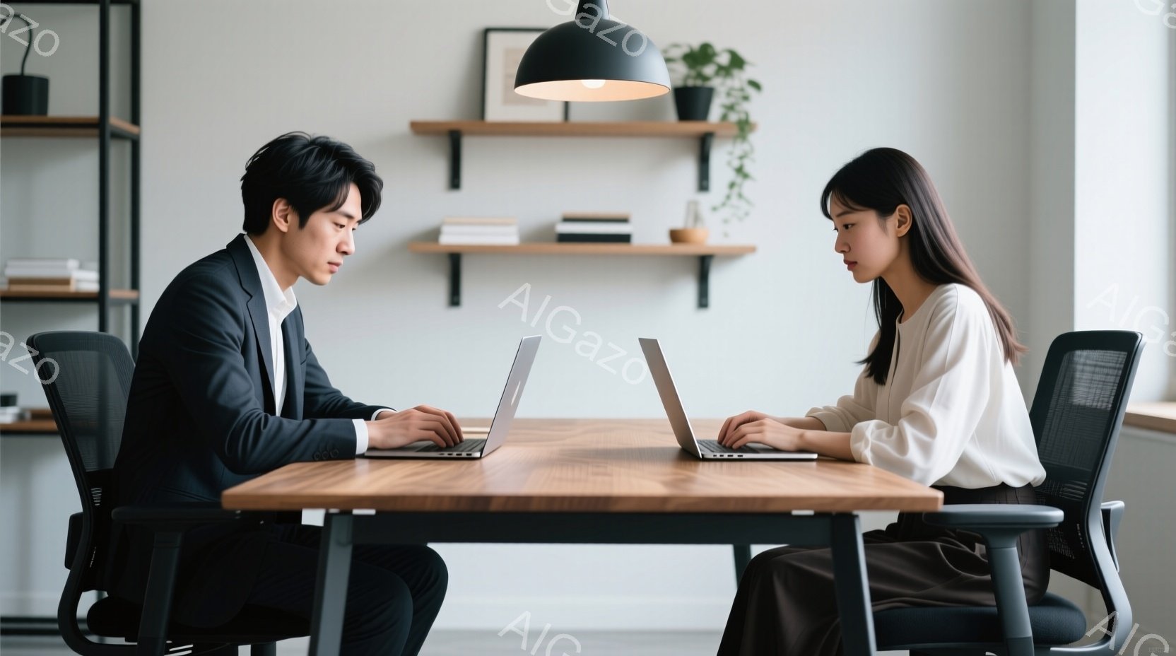 二人のビジネスパーソンが向かい合って机に向かい、ノートパソコンを使って仕事をしている様子が写っている。男性は黒いスーツに身を包み、女性は白いブラウスと濃い色のパンツを着用しており、集中してキーボードを見つめている。背景には本棚と観葉植物が見え、モダンで落ち着いた雰囲気のオフィス空間であることがわかる。