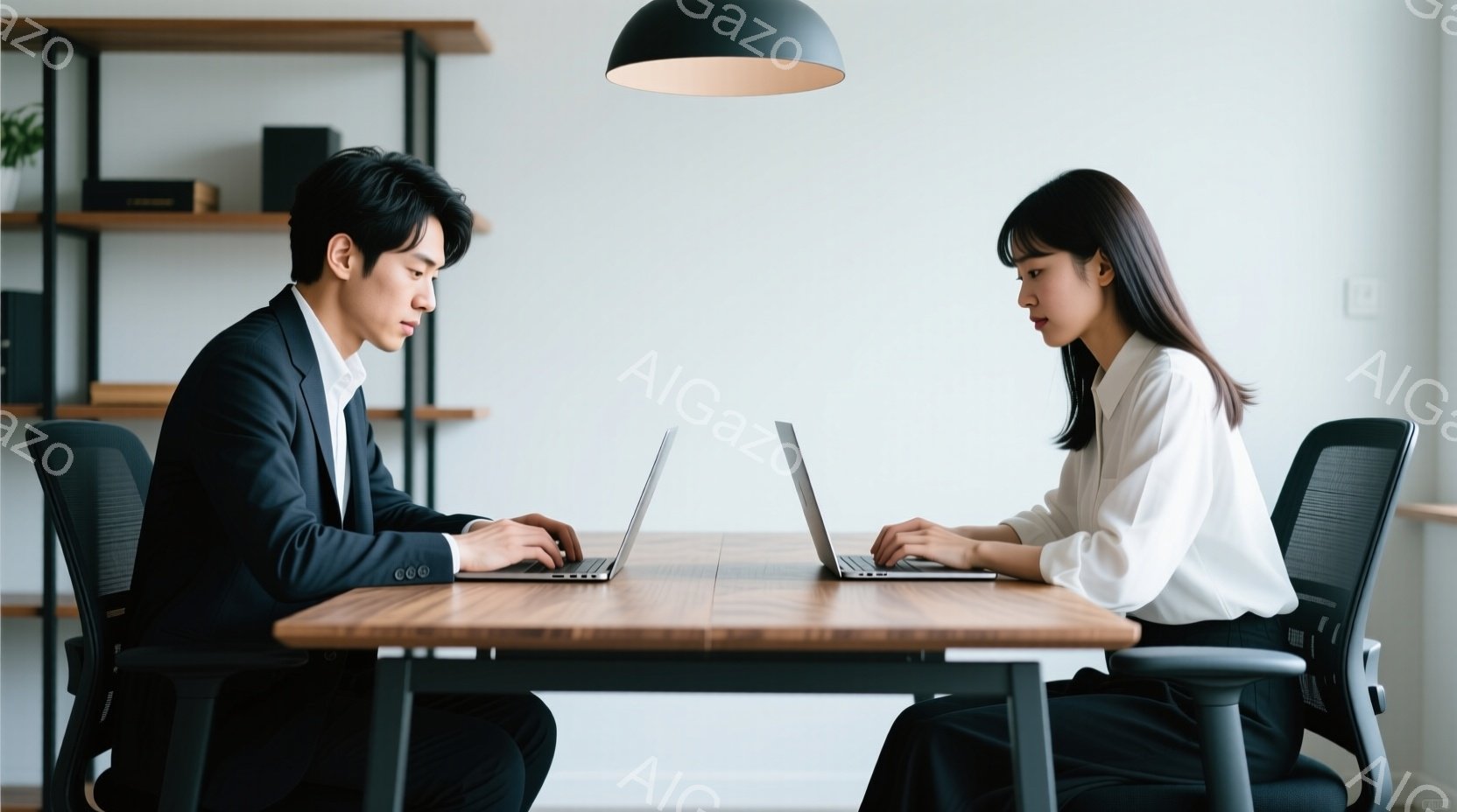 スーツを着た男性と白いブラウスを着た女性が、木製のテーブルを挟んで向かい合って座り、それぞれノートパソコンを使用している。二人は集中した表情でキーボードを見つめ、姿勢は背筋が伸びていて真剣だ。背景には - AI生成フリー素材