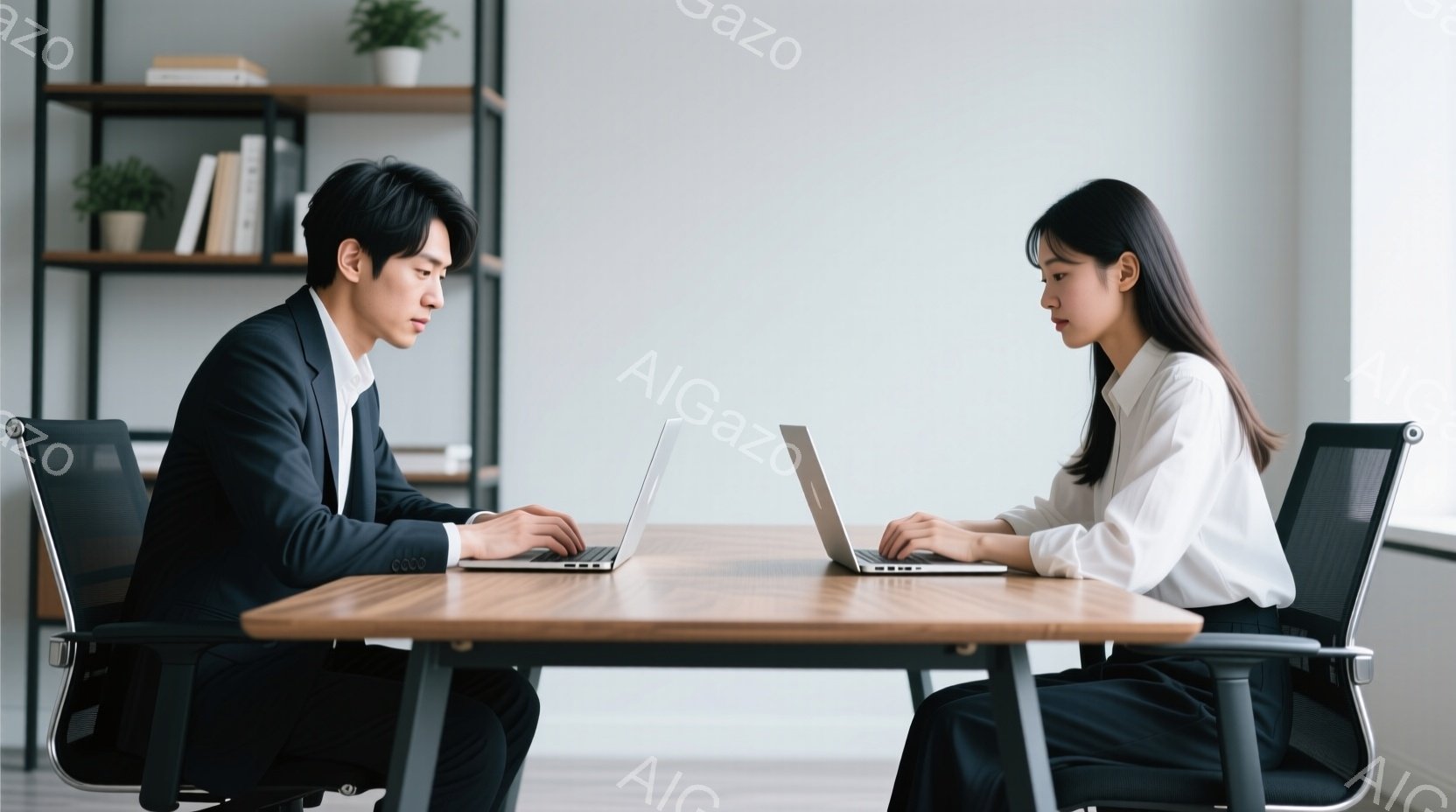 オフィスで対面して座る男女が写っています。男性は黒いスーツを着て髪を短く整え、真剣な表情でノートパソコンを操作しています。女性は白いシャツを着て髪を後ろにまとめ、同じようにノートパソコンに集中しており、全体的に集中した仕事風景が伝わってきます。