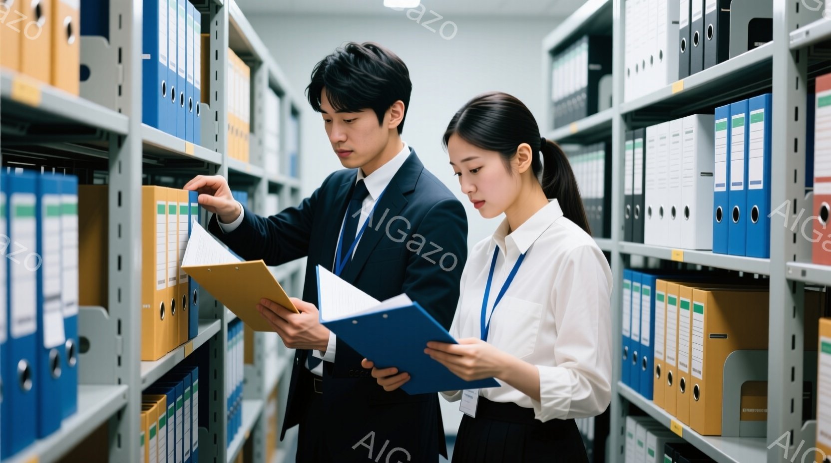紺色のスーツを着た男性と、白いシャツに紺色のスカートを着用した女性が、書類棚の間で書類を探している様子が描かれています。男性は片手でオレンジ色のファイルを開き、女性は青色のファイルを見下ろした表情で、どちらも真剣な眼差しで書類を確認しています。背景には整然と並んだ書類棚が続き、室内は明るく、オフィスや記録庫のような雰囲気が漂っています。