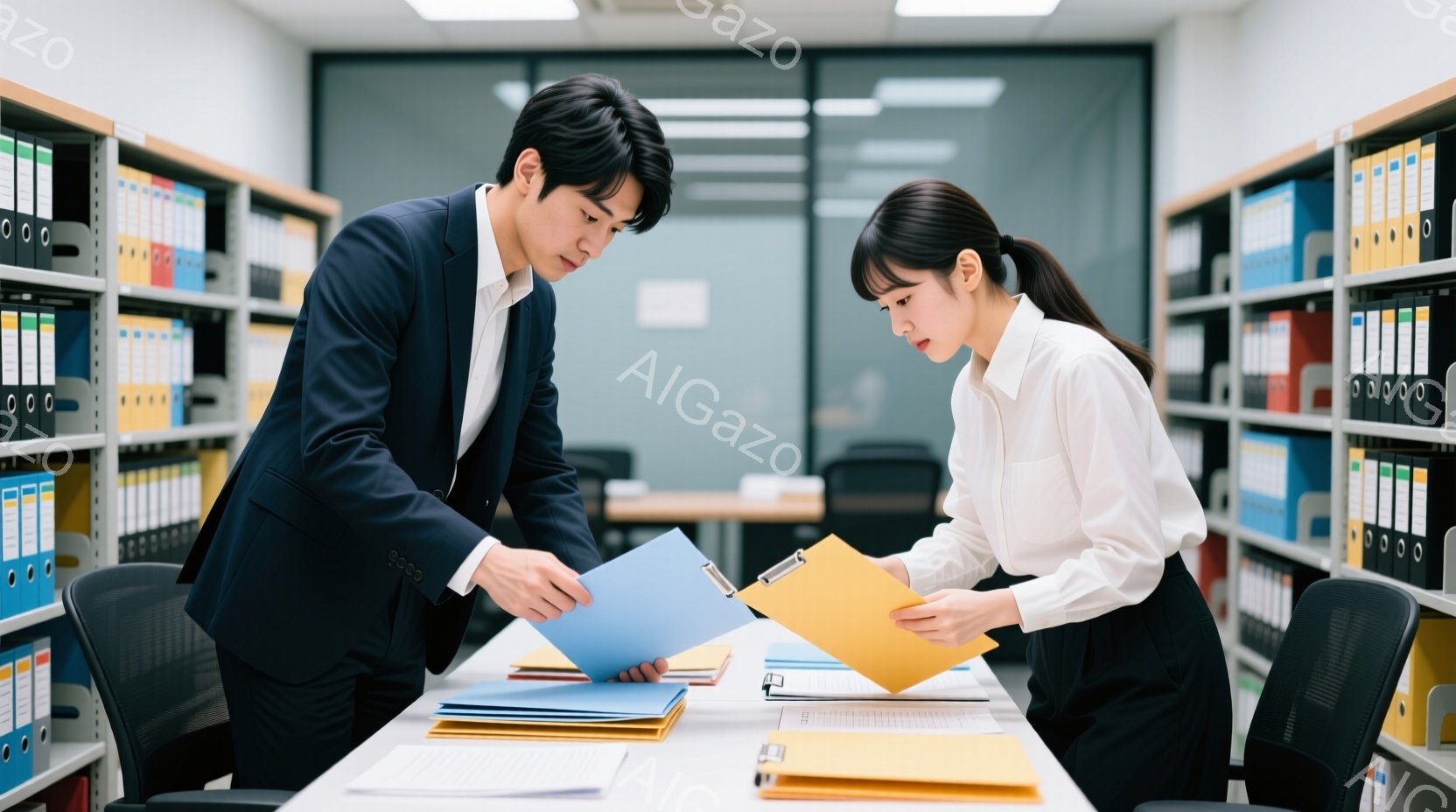 スーツ姿の男性と女性が書類を見ながら立っている。男性は紺色のスーツで、女性は白いシャツに黒いスカートを着用し、姿勢はやや前かがみで集中している様子が見受けられる。背景には書類棚が並び、オフィスや図書館のような室内であることがわかる。