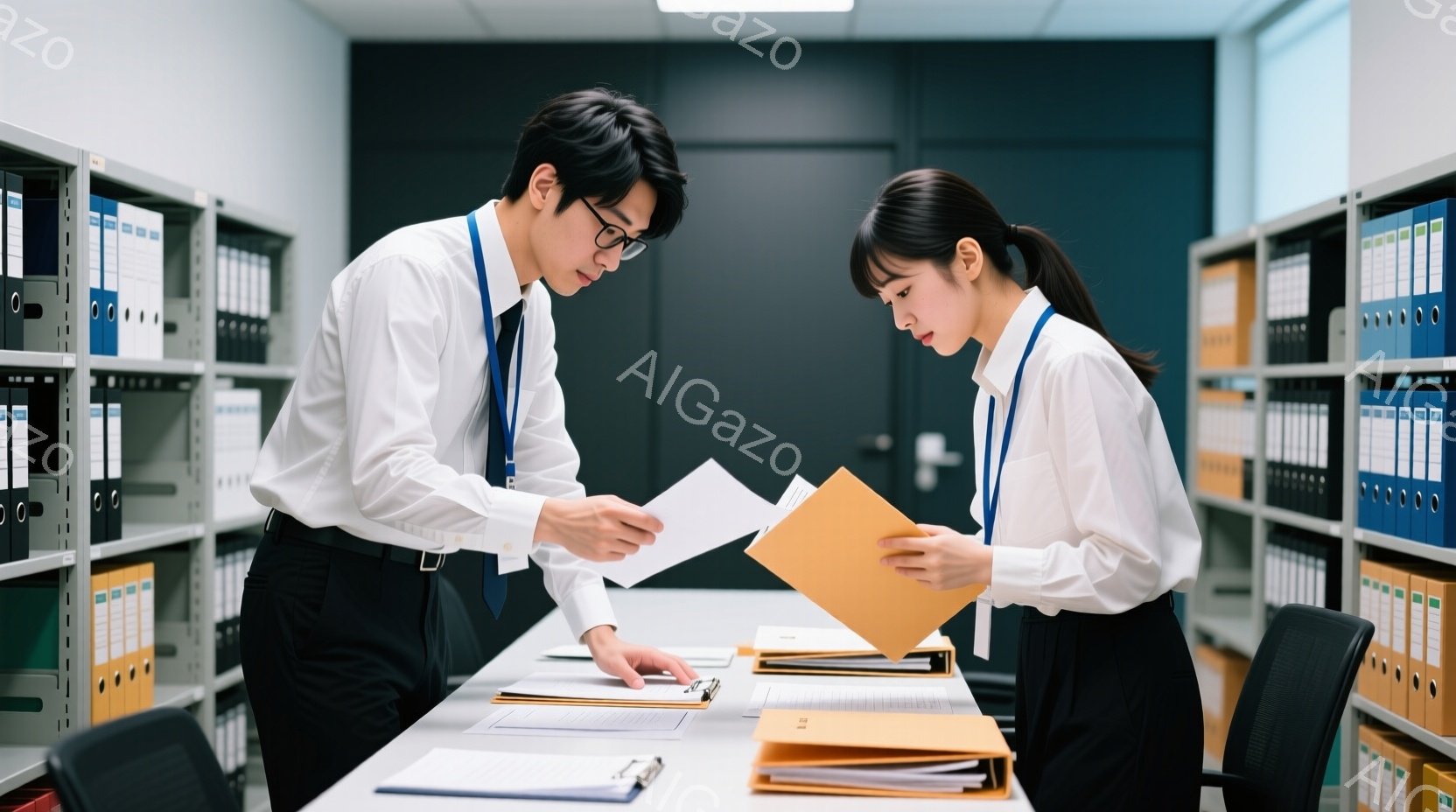 書類を手に持った若い男女が映っている。男性は黒い髪で、白いシャツと黒いズボンを着用し、書類を指し示している。女性も白いシャツと黒いズボンを着用し、髪を後ろで束ねており、書類を見つめている。