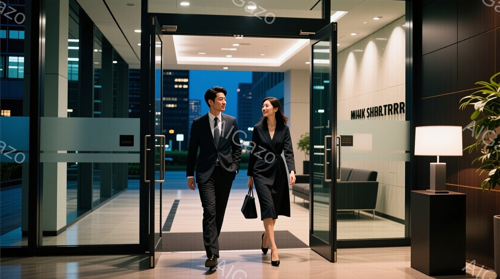 スーツ姿の男女が、ガラス張りの入り口から歩き出している様子が写っている。男性は黒いスーツにネクタイ、女性は黒いジャケットと膝丈のスカートの組み合わせで、フォーマルな装いである。背景には高層ビル群と薄暗い夜空が見え、入り口付近は明るい光で照らされており、洗練された都会的な雰囲気が漂っている。