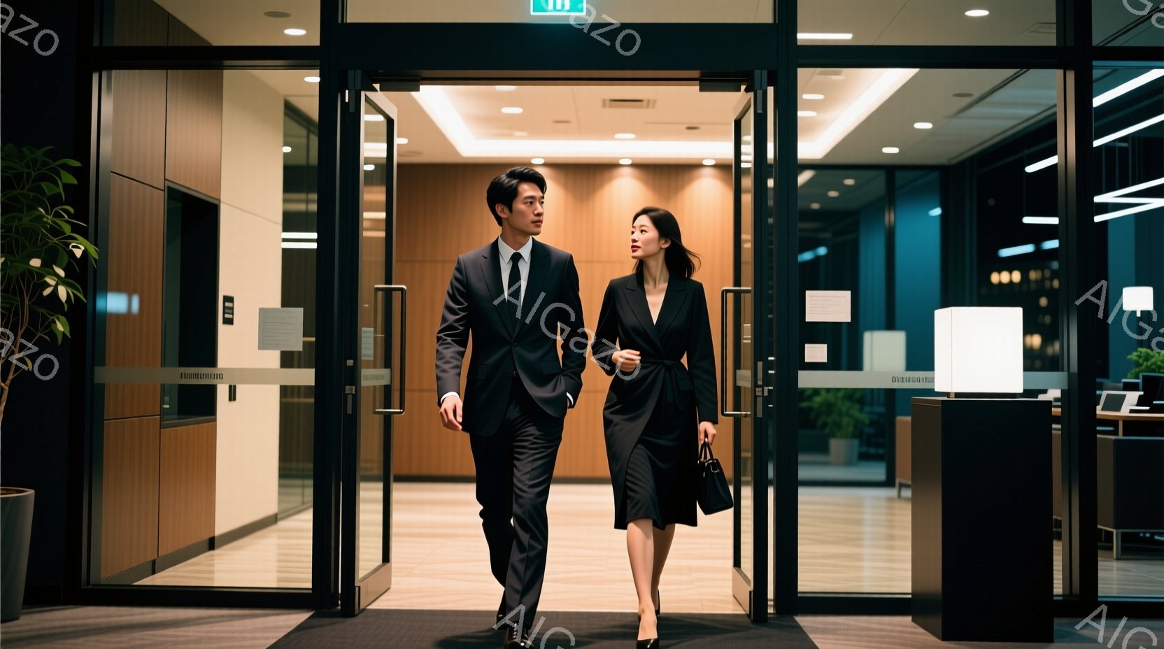 スーツを着た男女が、ガラスの自動ドアから歩き出ている様子が写っている。男性は黒いスーツにネクタイ、女性は黒いワンピースにジャケットを羽織り、共にフォーマルな装いである。背景は近代的なオフィスビルのロビーで、明るい光が差し込み、洗練された雰囲気を醸し出している。